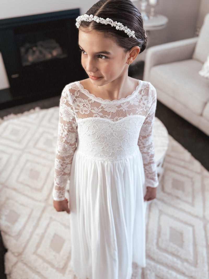 Hailey Long Sleeve Girls White Dress - A Little Lacey