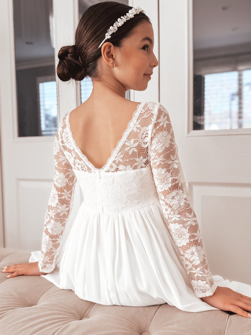 Hailey Girls Long Sleeve White Lace Dress
