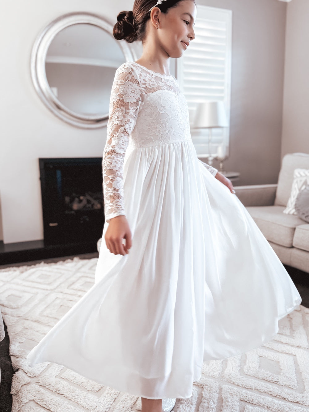 Hailey Girls Long Sleeve White Lace Dress