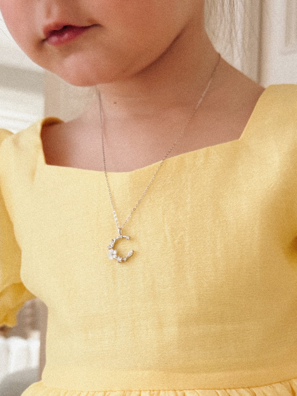 Halo Blossom Girls Silver Necklace - Girls and Babies JewelleryHalo Blossom necklace styled with girls formal dress for special occasion