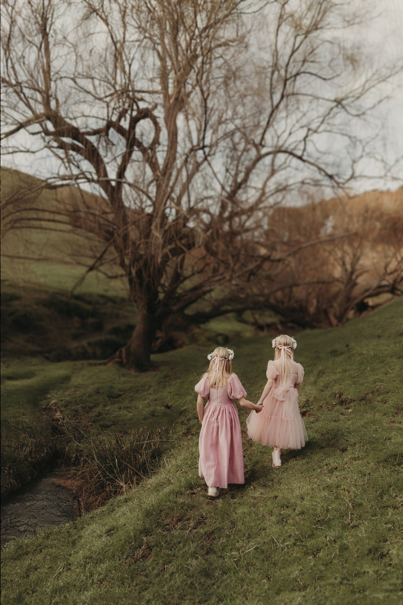 Lucy Girls Puff Sleeve Dress - Dusty Pink - A Little Lacey