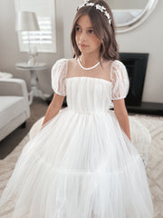 Harmony Puff Sleeve Girls White Dress - A Little Lacey