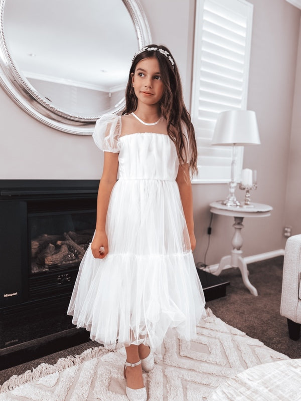 Harmony Puff Sleeve Girls White Dress – A Little Lacey Harmony Puff Sleeve Girls White Dress – A Little Lacey