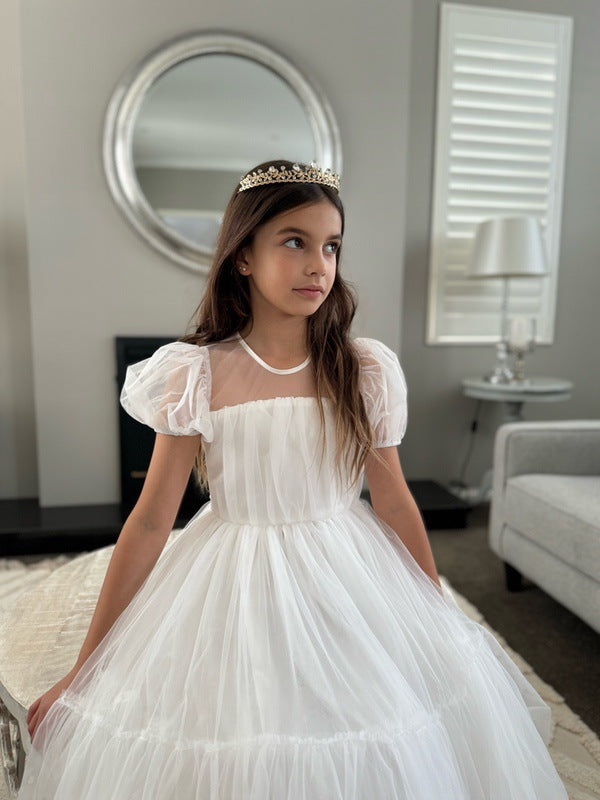 Modern white flower girl dress with princess tiara