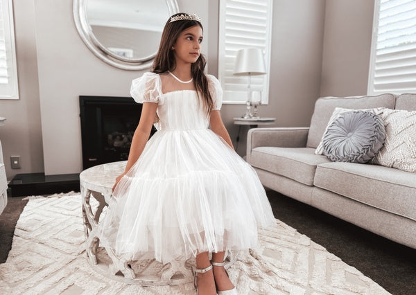 Girls modern white tea length communion dress