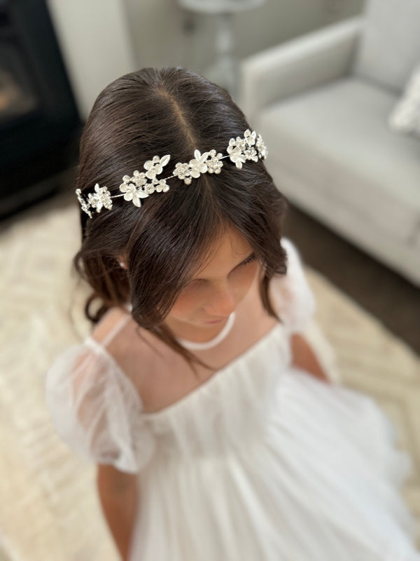 Communion dress with silver flower headpiece - flower girl outfit