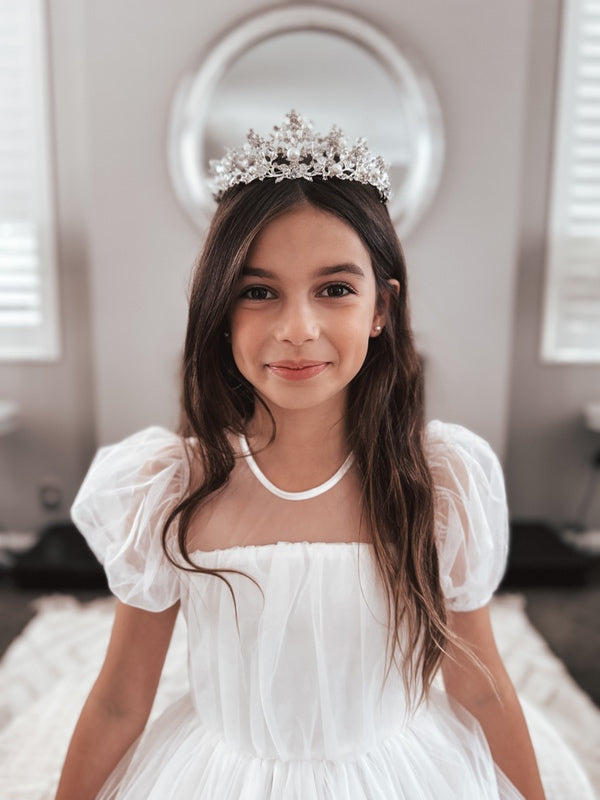 Girls princess tiara and white formal dress