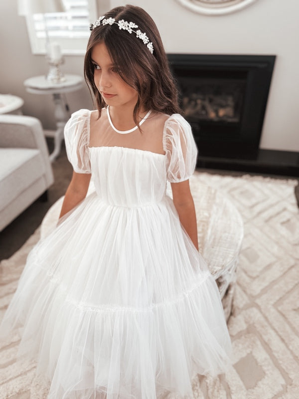 White girls first holy communion dress - tulle with puff sleeves