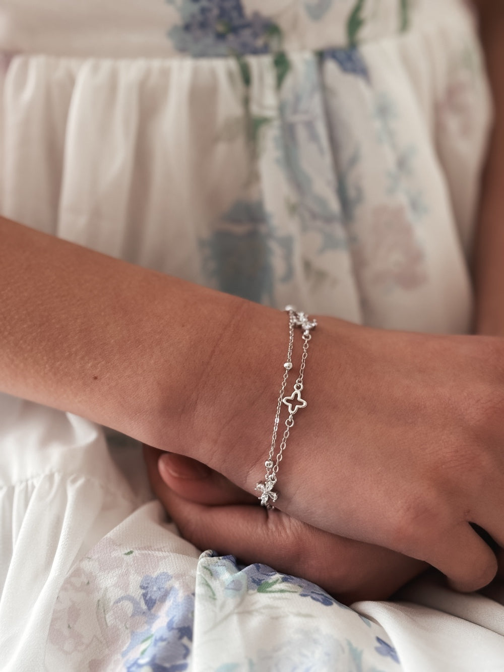 Harmony Girls Silver Bracelet - Girls and Babies JewelleryHarmony Girls Silver Bracelet with dual strands and floral cross details