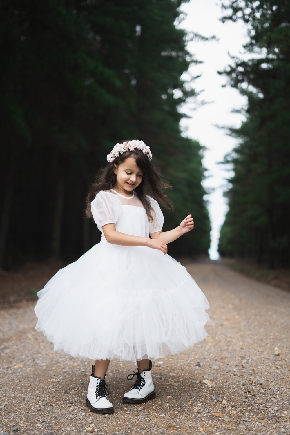 White communion dress with puff sleeves, modern style