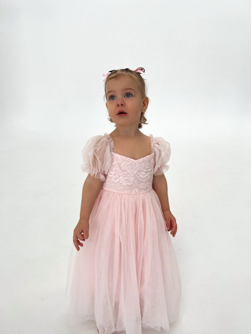 Harper Puff Sleeve Pink Girls Dress - A Little Lacey