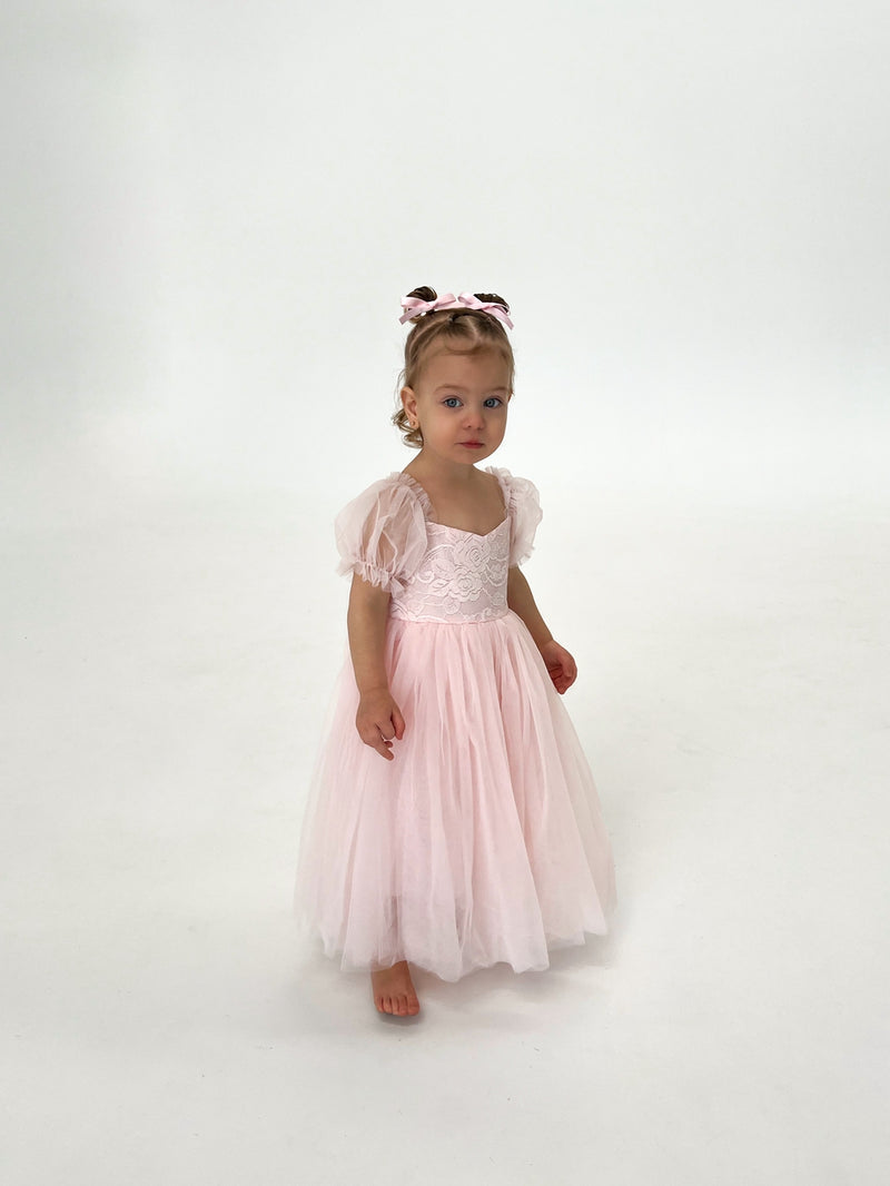 Harper Puff Sleeve Pink Girls Dress - A Little Lacey