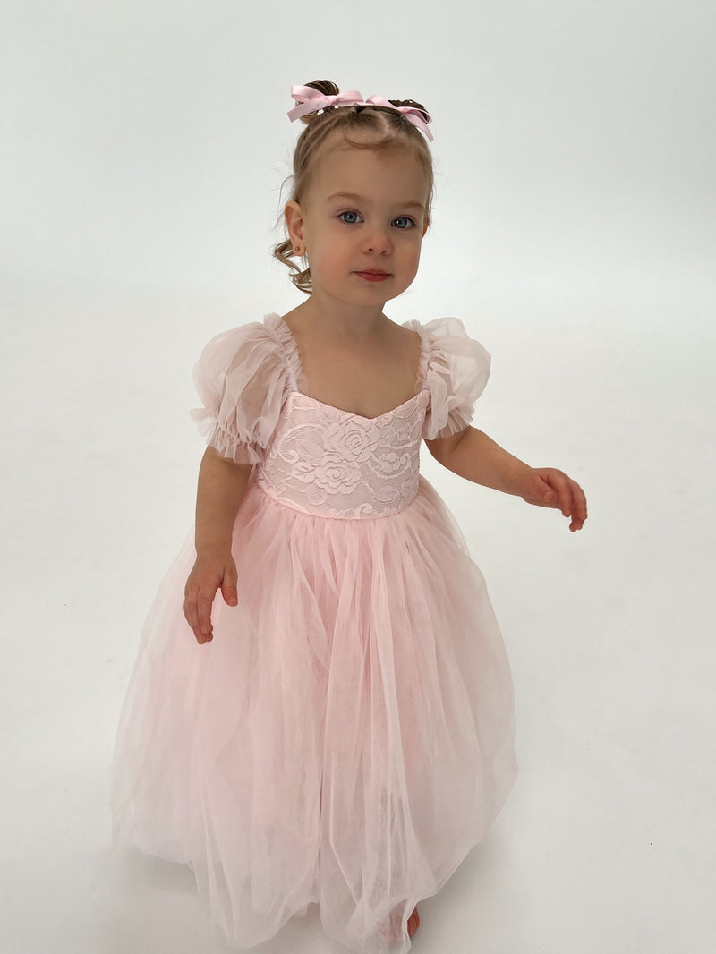 Harper Puff Sleeve Pink Girls Dress - A Little Lacey