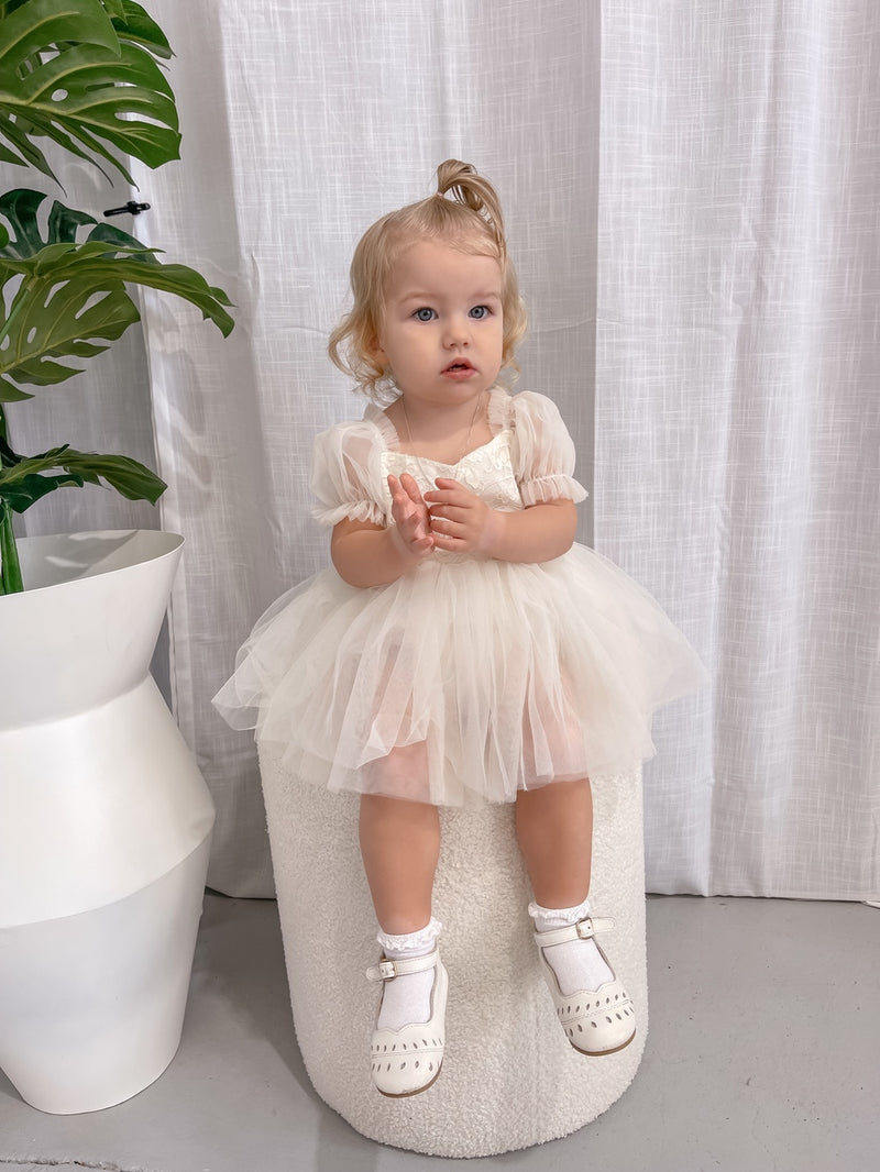 Harper Puff Sleeve Ivory Baby Romper - A Little Lacey