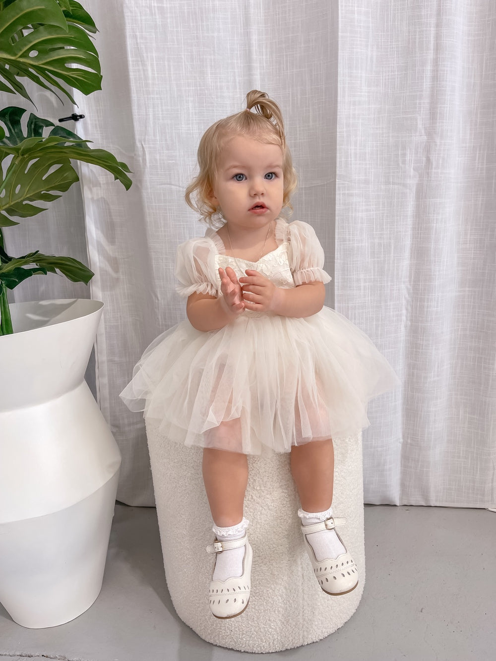 Harper Puff Sleeve Ivory Baby Romper - Girls Ivory Dresses