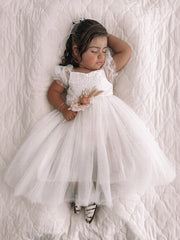 Harper Puff Sleeve White Girls Dress - A Little Lacey