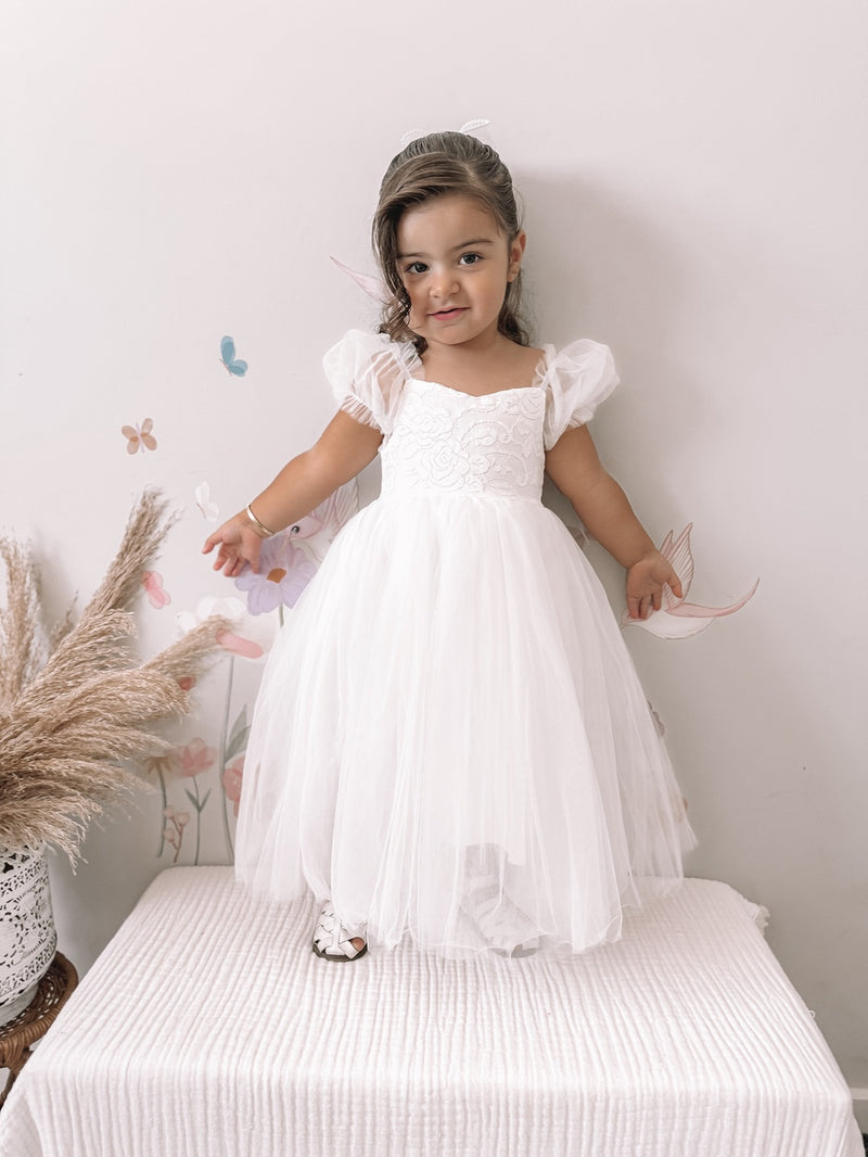 Harper Puff Sleeve White Girls Dress - A Little Lacey