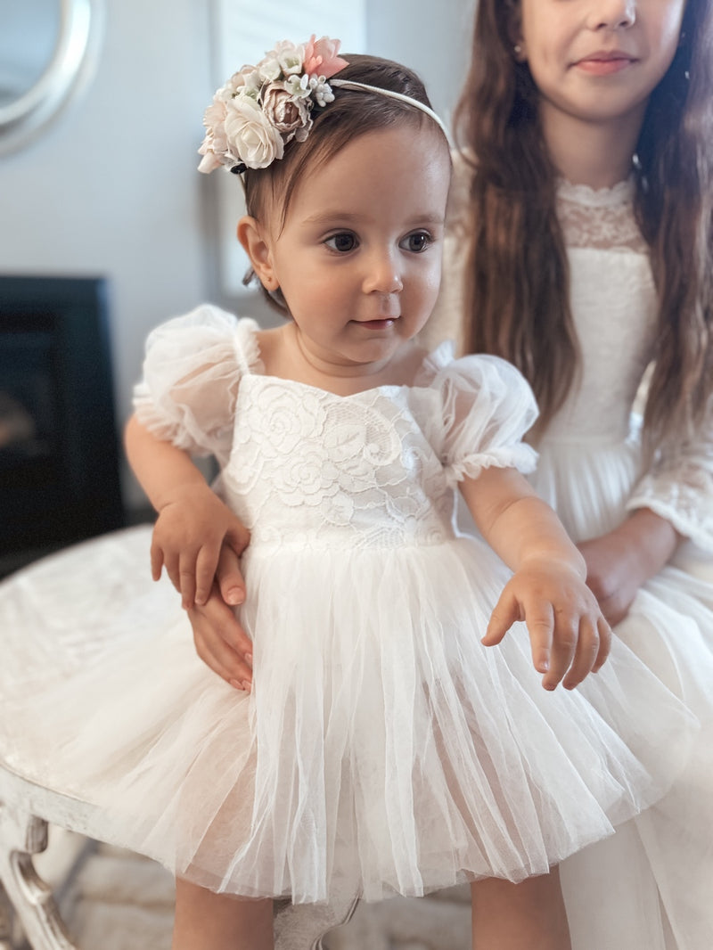 Harper Puff Sleeve White Baby Romper - A Little Lacey