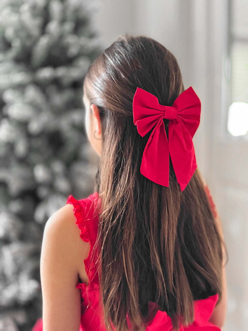 Holly Red Christmas Girls Hair Bows - Christmas Dresses and RompersRed ribbon bow with long tails for Christmas outfits