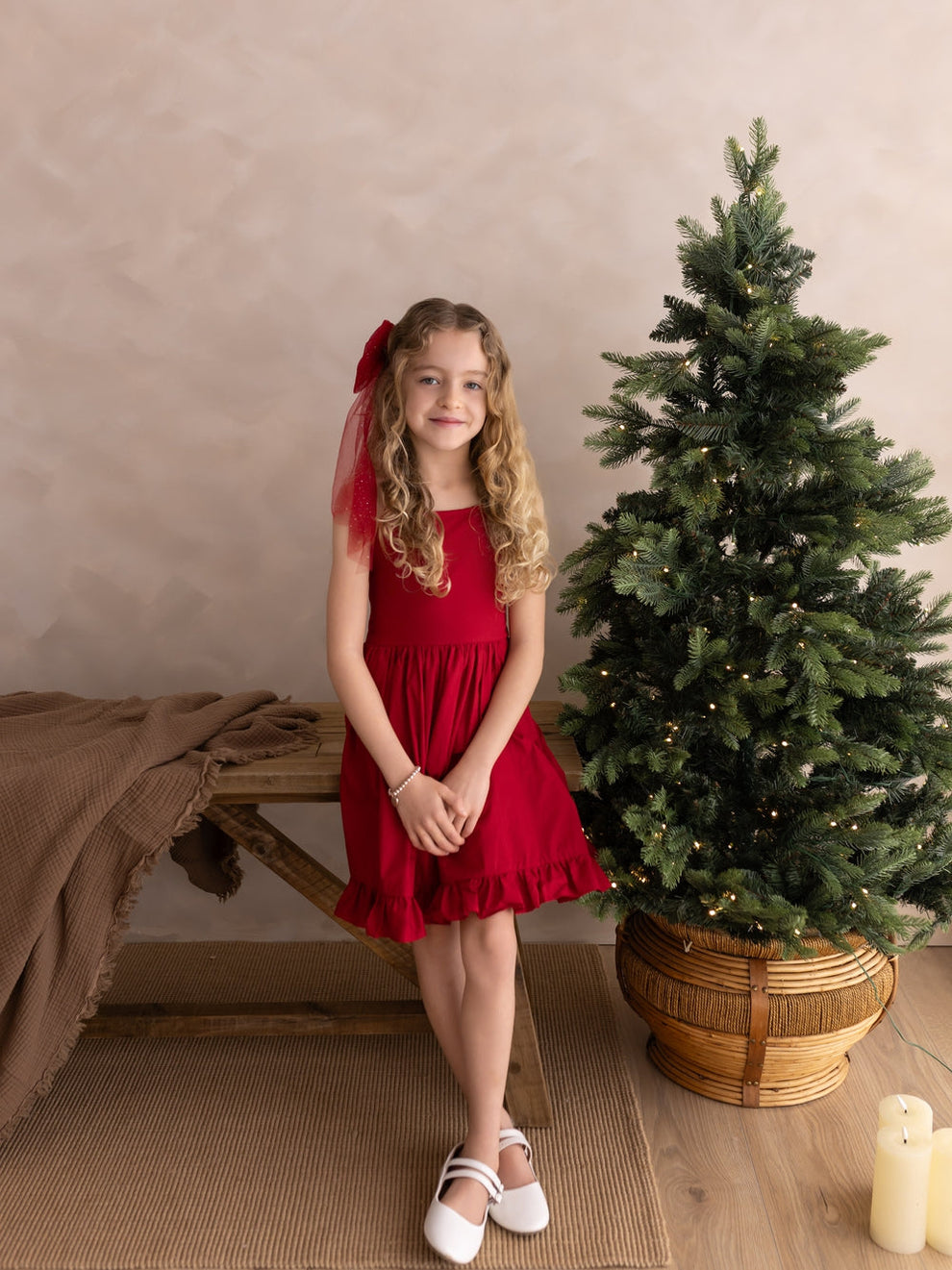 Festive red cotton dress for little girls