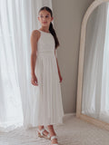 Girls First Holy Communion dress white with high neckline and floaty skirt