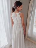 Girls White Communion dress with embroidered bodice, flowing skirt, and bow back
