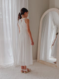 White girls formal dress with embroidered overlay bodice and defined waist