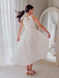 Girls white ceremony dress with floral embroidered bodice and soft drape skirt