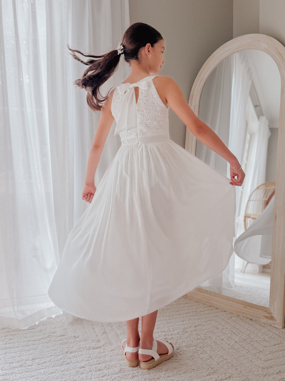 Girls white ceremony dress with floral embroidered bodice and soft drape skirt