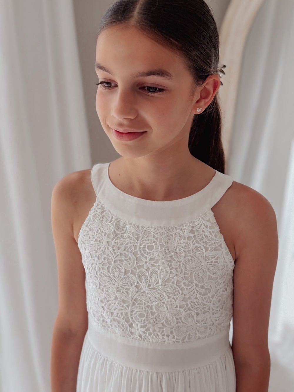 Classic white girls dress with lace embroidered top 