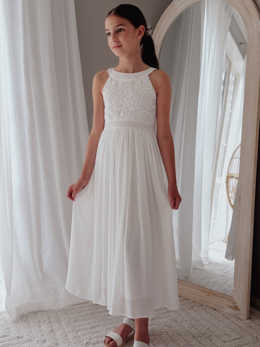 Classic white girls dress with embroidered bodice for church and family photos
