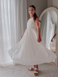 White girls communion dress sleeveless high neckline embroidered bodice