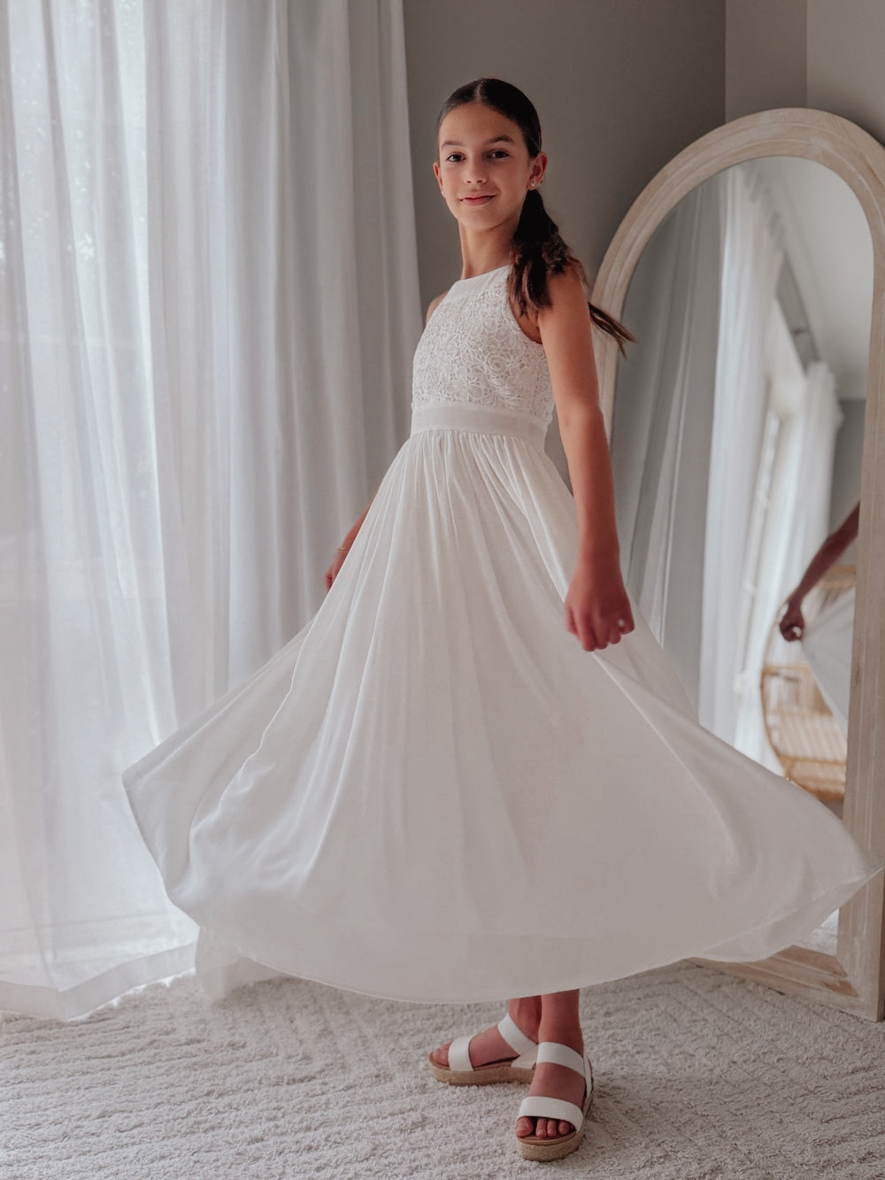 White girls communion dress sleeveless high neckline embroidered bodice