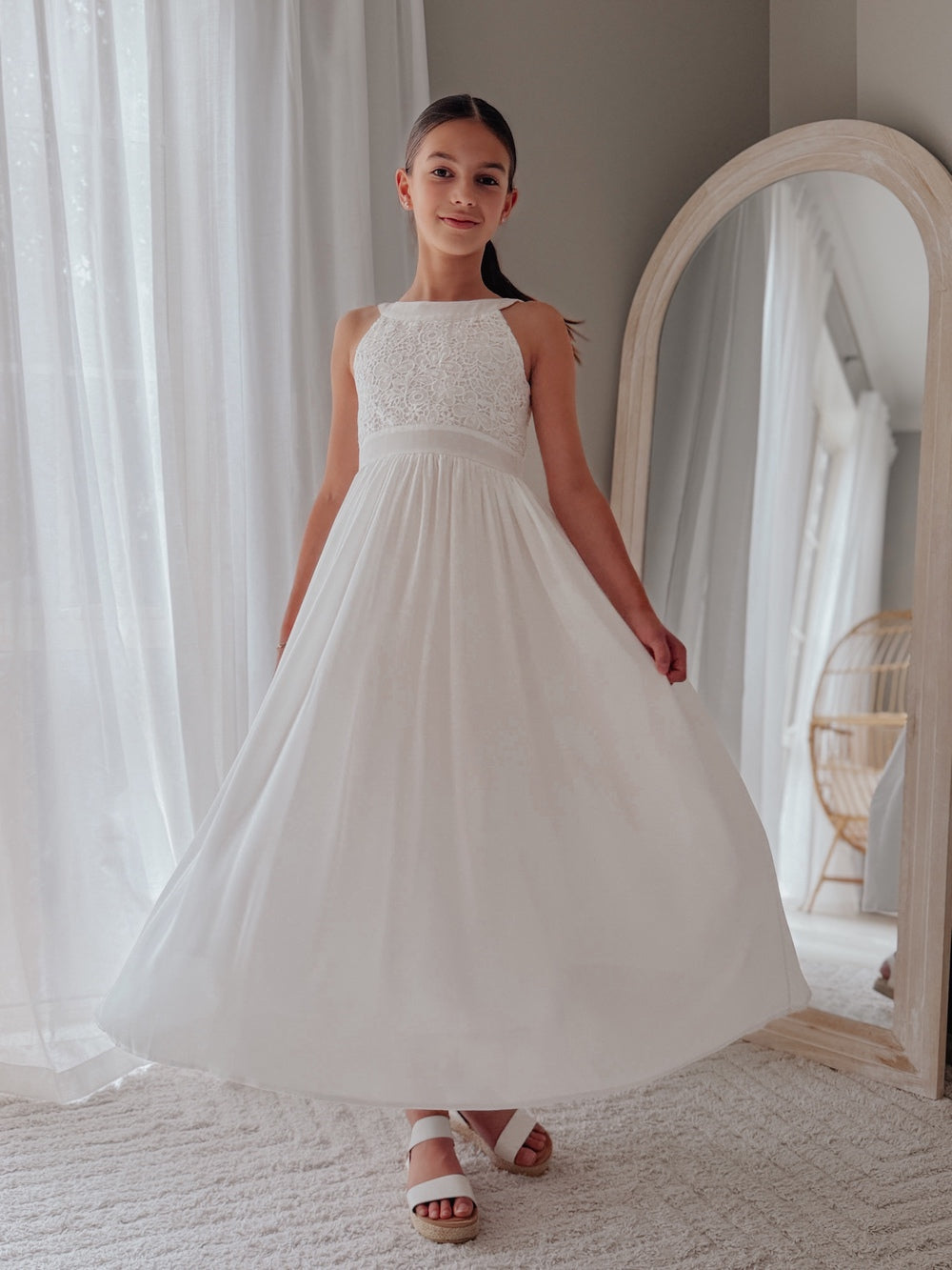 Junior bridesmaid white dress with embroidered bodice