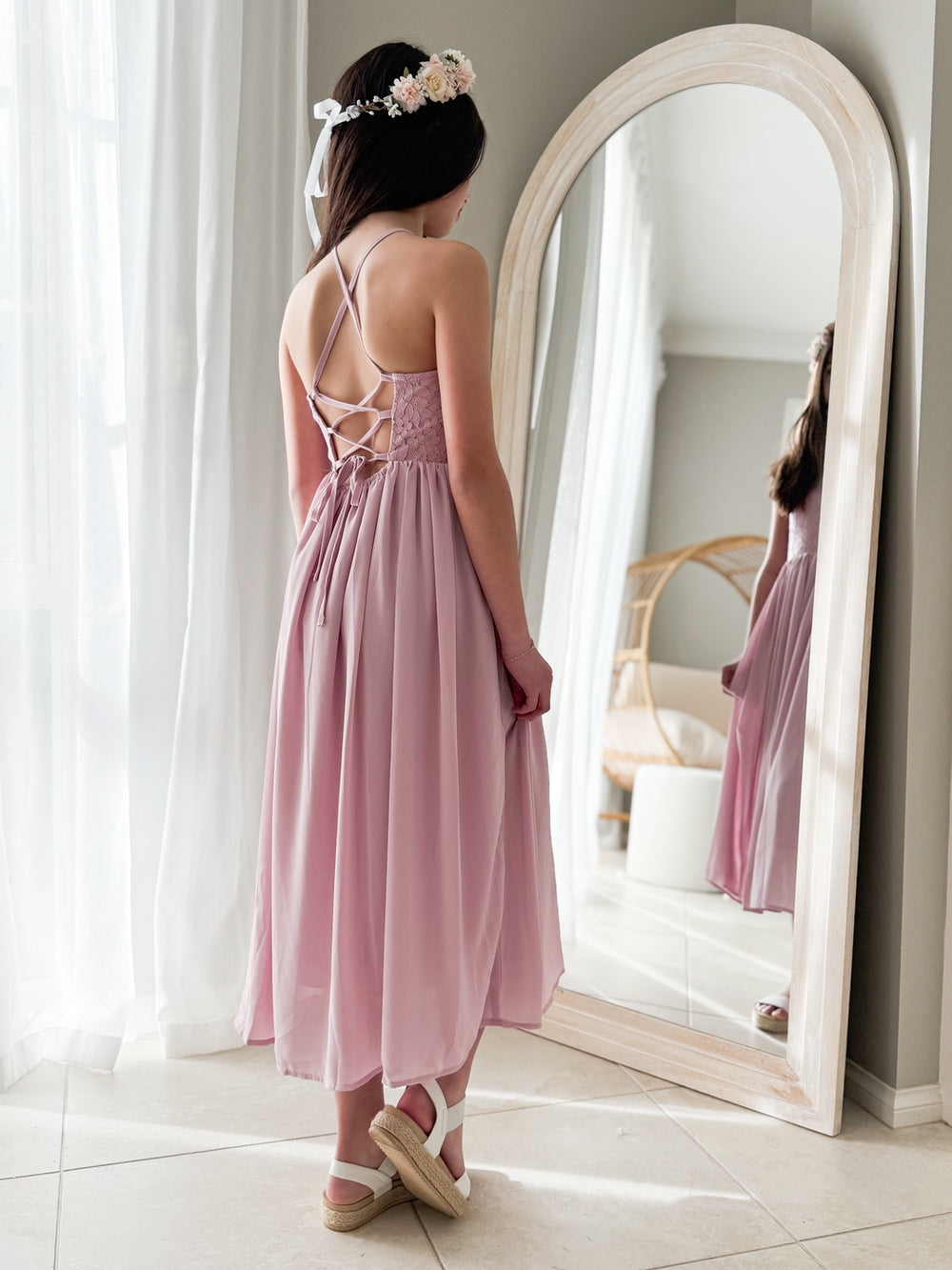 Lace-up back dusty pink dress for girls