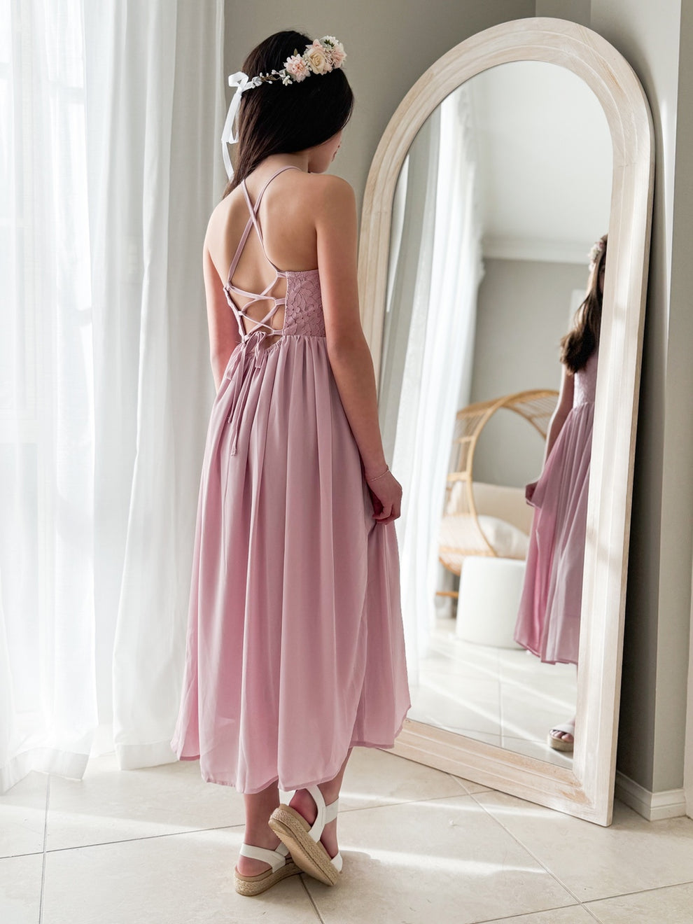 Lace-up back dusty pink dress for girls