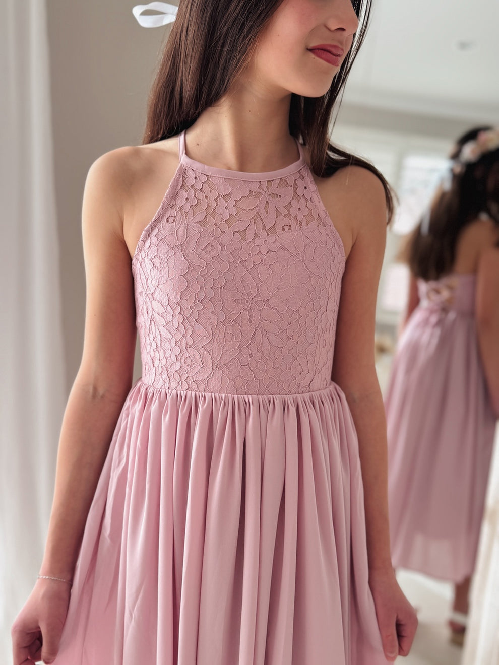 Isabelle dress in dusty pink showing cotton lining and fine trim