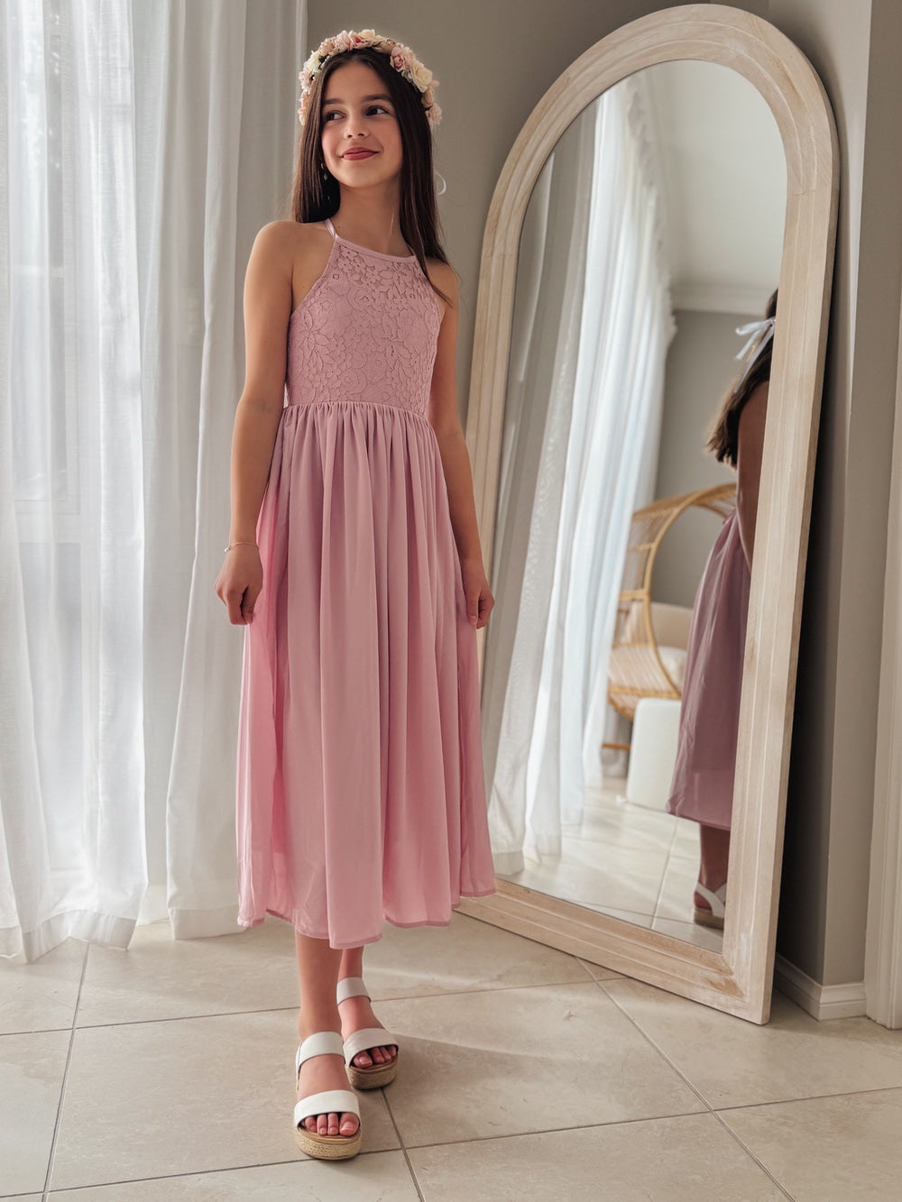 Dusty pink girls formal dress with lace bodice and chiffon skirt