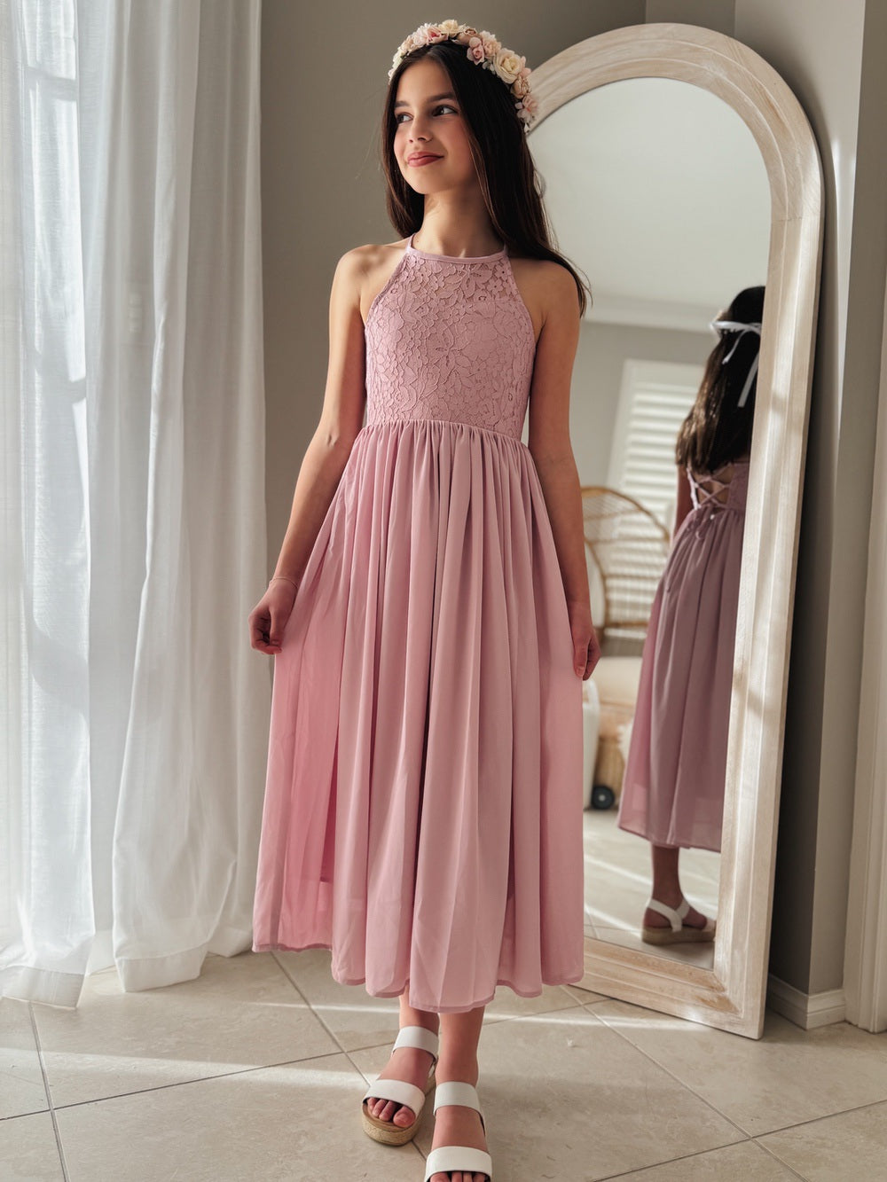 Isabelle Dusty Pink Girls Formal Dress Lace-Up & Chiffon Gown A Little Lacey Isabelle Dusty Pink Girls Formal Dress Lace-Up & Chiffon Gown A Little Lacey