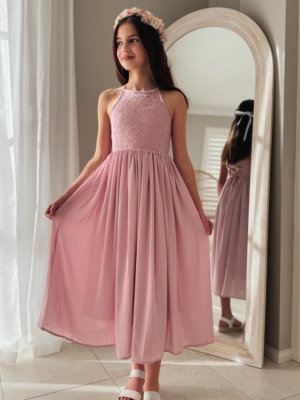 dusty pink childrens bridesmaid dresses Dusty Pink Long Chiffon Junior Bridesmaid Dress with Pleats Flower Gir Elsi John