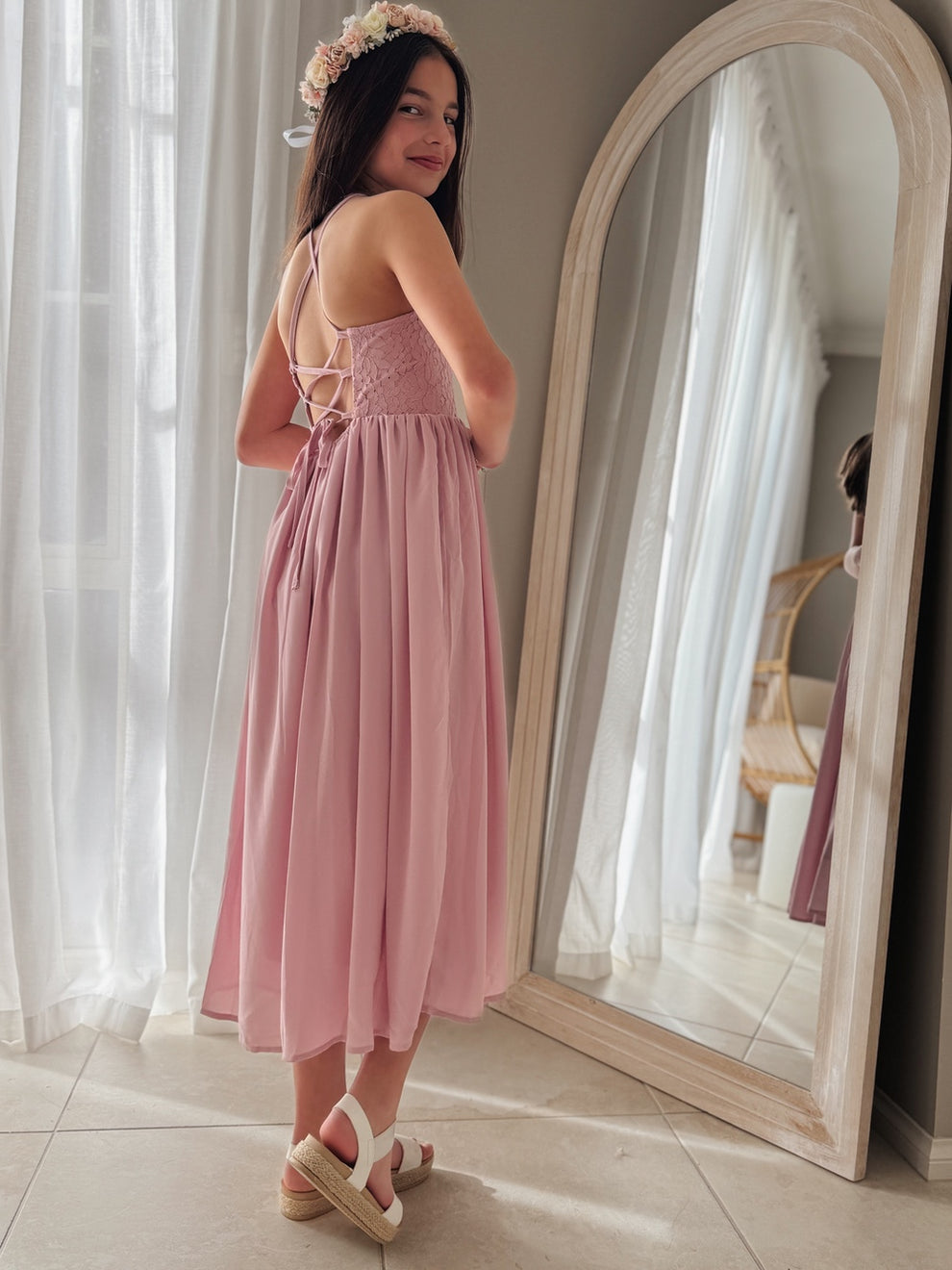 Isabelle dusty pink girls gown with adjustable ribbon back