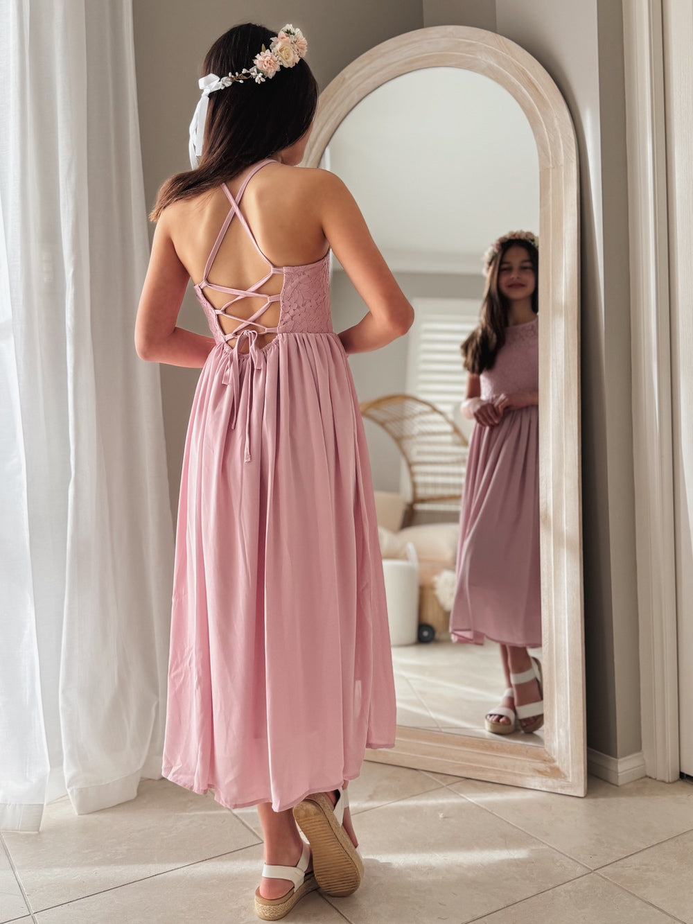 Flowing chiffon skirt layers on Isabelle girls formal dress