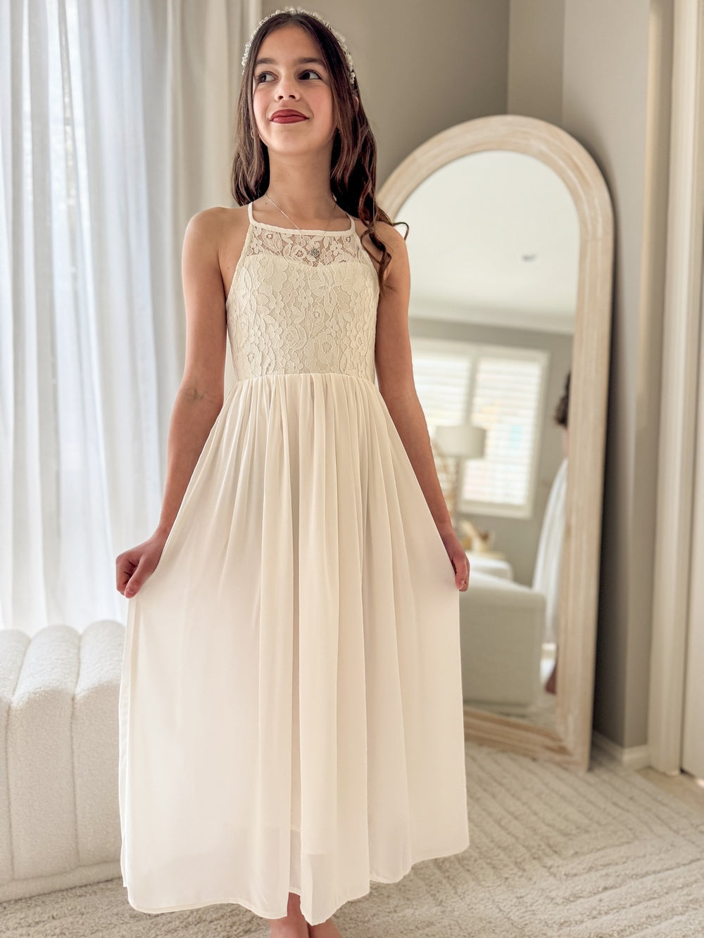 Front view of Isabelle ivory flower girl dress on model