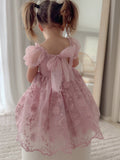 Rear angle of dress highlighting the bow-back detail and lace design