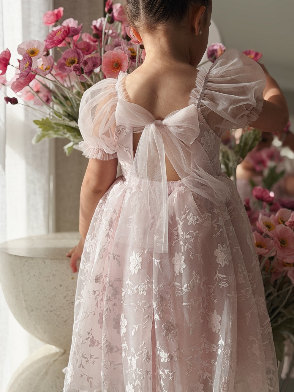 Light pink girls party dress with embroidered lace