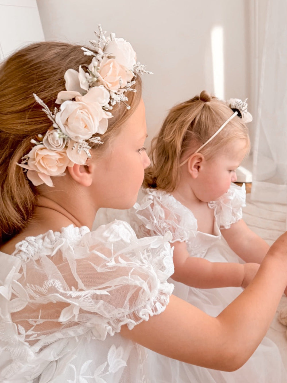 Flower girl ivory rose crown with satin tie