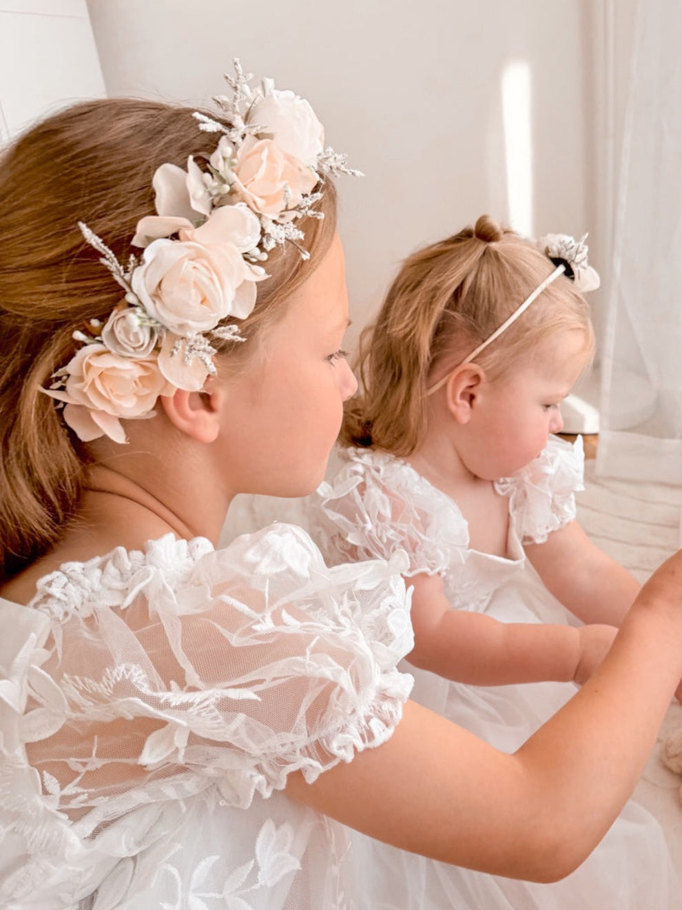 Flower girl ivory rose crown with satin tie