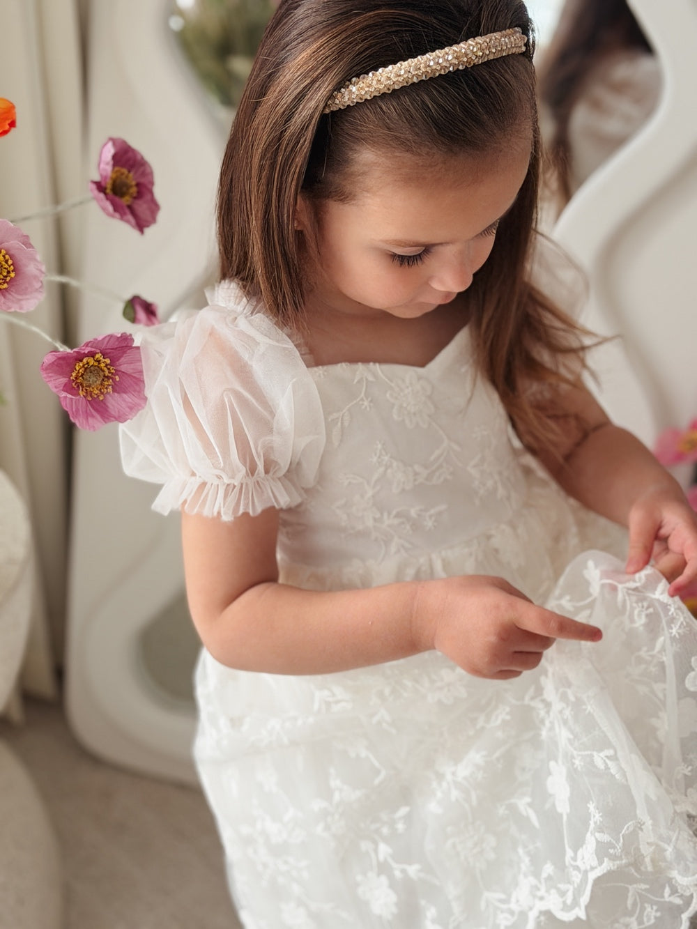 Elegant ivory flower girl dress with cotton lining