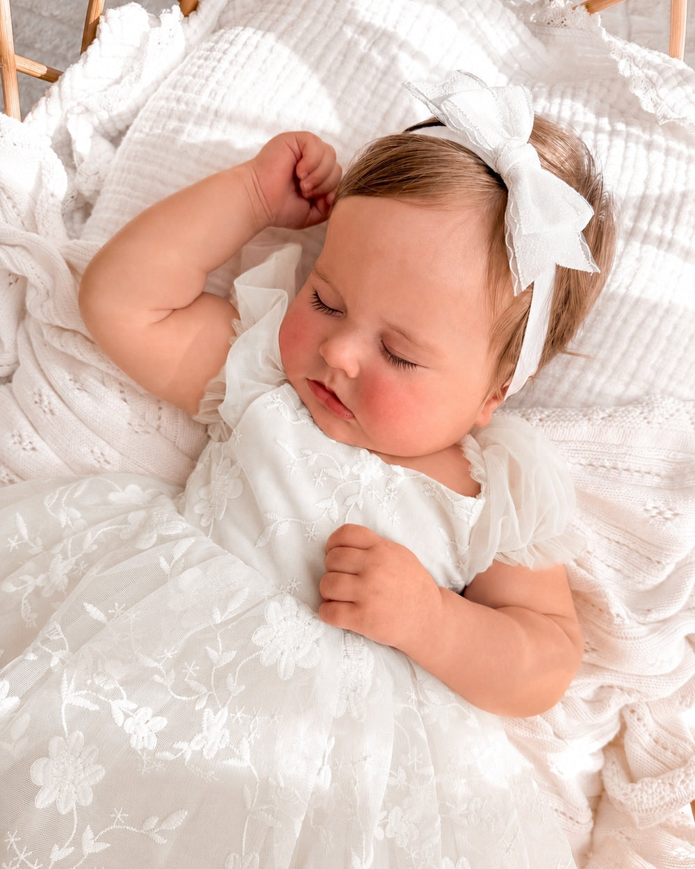 Baby flower girl dress in soft white floral embroidered lace