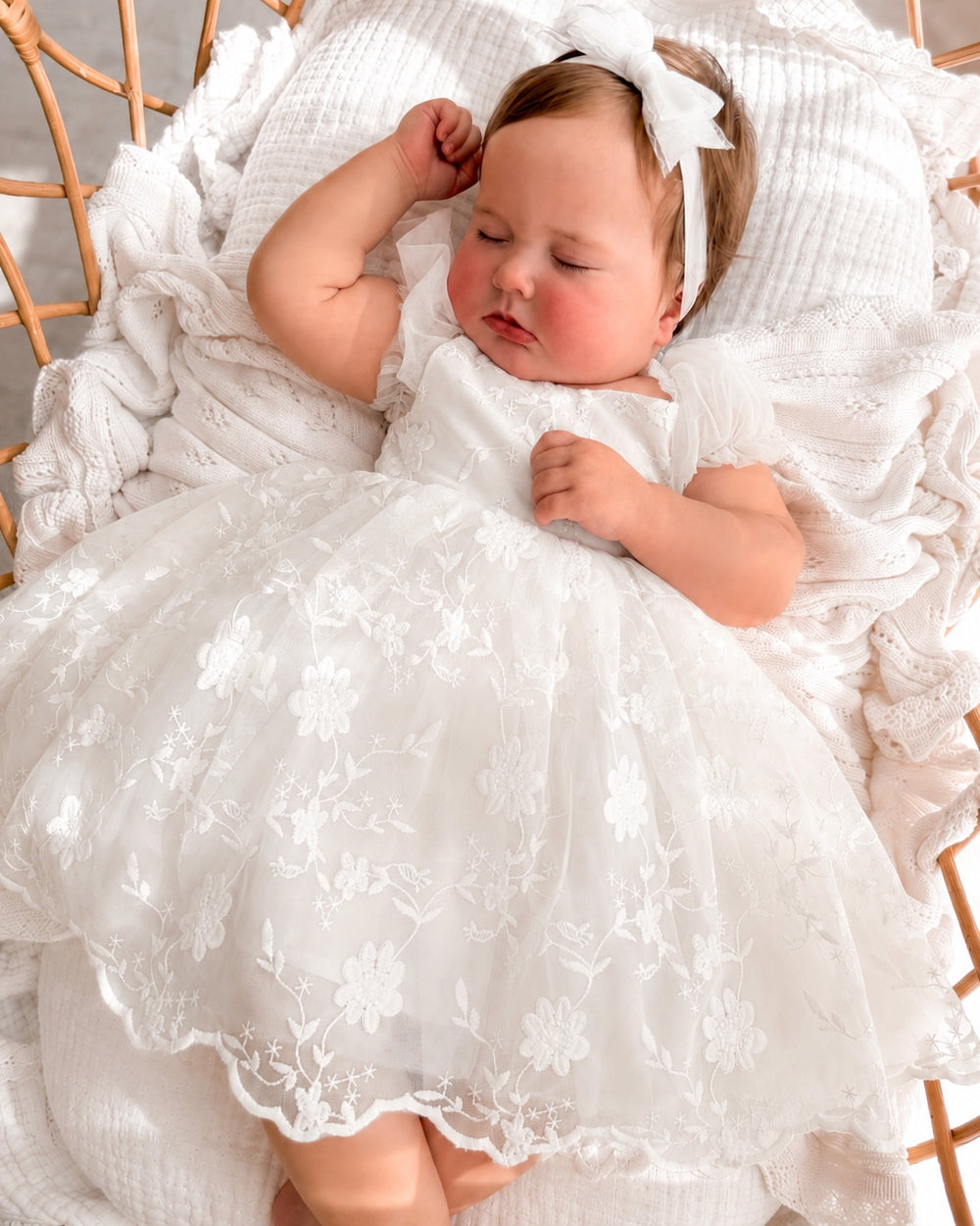 Soft white baby flower girl dress for weddings and christenings